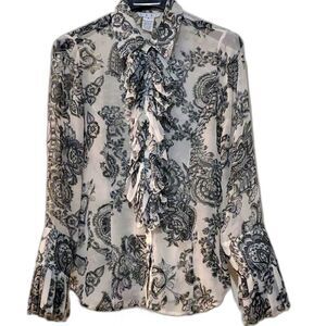 Cabi Womens Sheer Long Sleeve Black White Ruffle Victorian Whimsygoth Blouse S